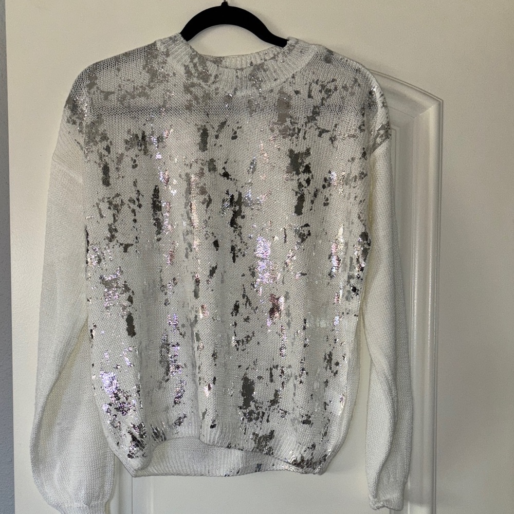 White Sequin Accent Crewneck Sweater - Women